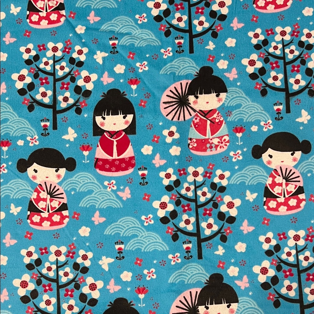 Blue and Red Japanese Doll Pattern Flannel Fabric